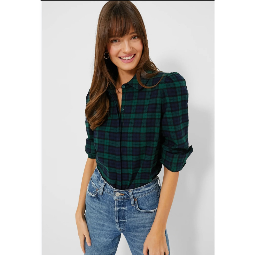 Tuckernuck Saranac Flannel Cotton Blue Green Tartan Plaid Hidden Button Up Top